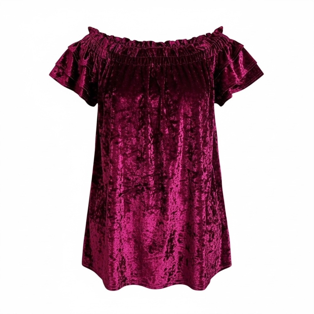 Magenta‎ Crushed Velvet Off Shoulder Ruffle Sleeve Smocked Top Style C0850 Small